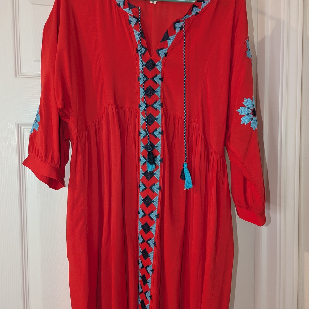 Umgee Red Dress with Blue Embroidery
